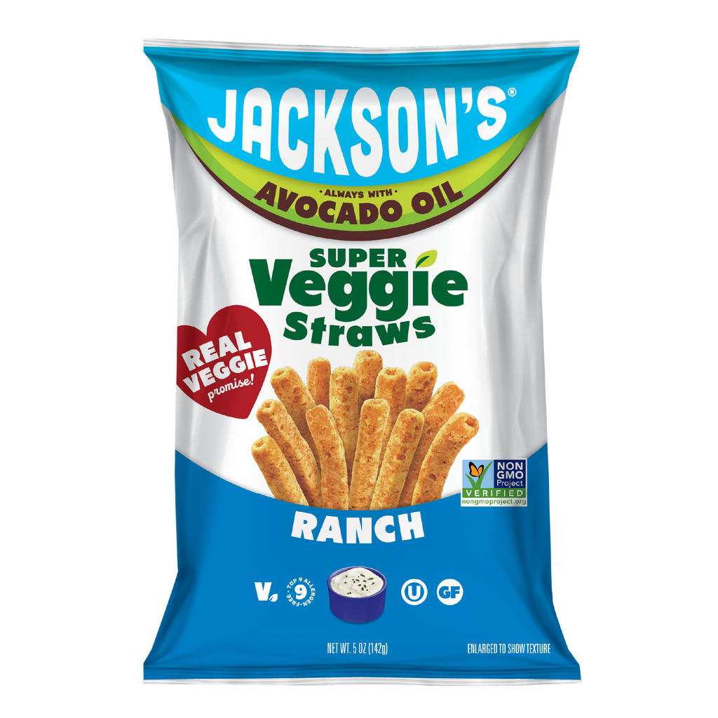 Ranch Super Veggie Straws cooked in avocado oil, made with real veggies, dairy free, vegan, gluten free snacking.