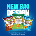 Three bags of Jackson's Sweet Potato Chips are shown against a blue gradient background with large text reading 'NEW BAG DESIGN.' The bags feature different color themes: a brown bag for Carolina Sweet Potato Chips, a green bag for Spicy Paneer Sweet Potato Chips, and a blue bag for Parmesan Sweet Potato Chips.