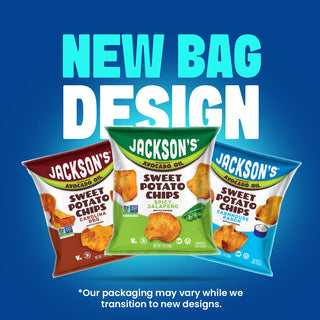 Three bags of Jackson's Sweet Potato Chips are shown against a blue gradient background with large text reading 'NEW BAG DESIGN.' The bags feature different color themes: a brown bag for Carolina Sweet Potato Chips, a green bag for Spicy Paneer Sweet Potato Chips, and a blue bag for Parmesan Sweet Potato Chips.