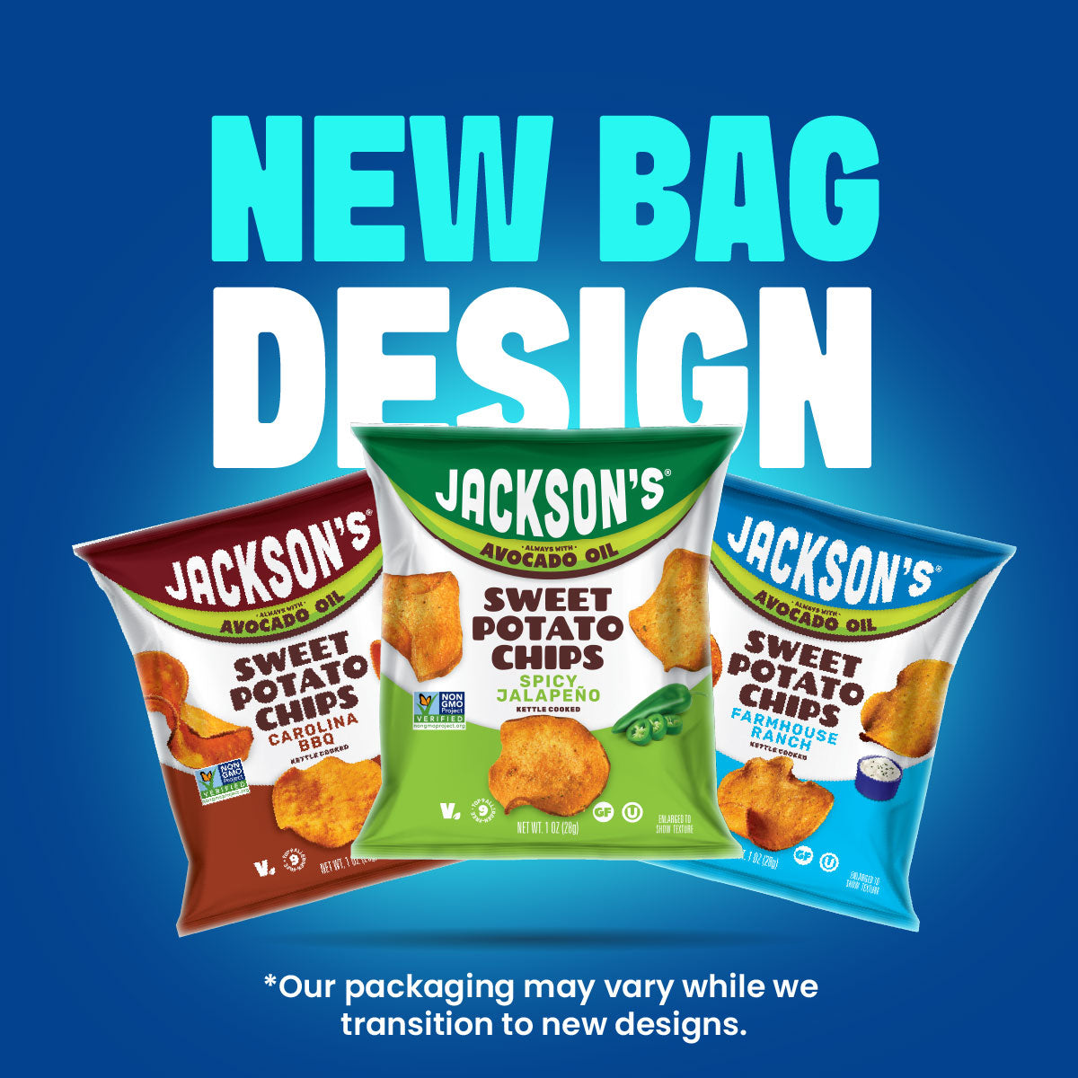 Three bags of Jackson's Sweet Potato Chips are shown against a blue gradient background with large text reading 'NEW BAG DESIGN.' The bags feature different color themes: a brown bag for Carolina Sweet Potato Chips, a green bag for Spicy Paneer Sweet Potato Chips, and a blue bag for Parmesan Sweet Potato Chips.
