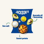 A blue bag of Jackson's seasoned sweet potato chips on a light cream background, surrounded by ingredient callouts: sea salt, avocado oil + seasoning, avocado halves, and sliced sweet potatoes.