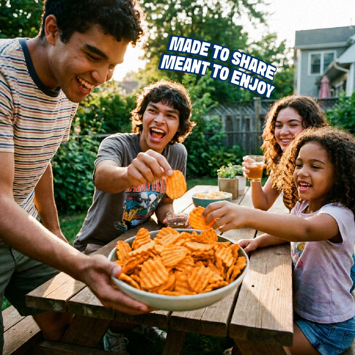 A group of four friends laughing and sharing a bowl of waffle-cut orange chips at a wooden backyard table. The text 'MADE TO SHARE MEANT TO ENJOY' is overlaid in the top right corner.