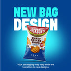 A bag of Jackson's Sweet Potato Chips Sea Salt is shown against a blue gradient background with large text reading 'NEW BAG DESIGN' and smaller disclaimer text at the bottom.
