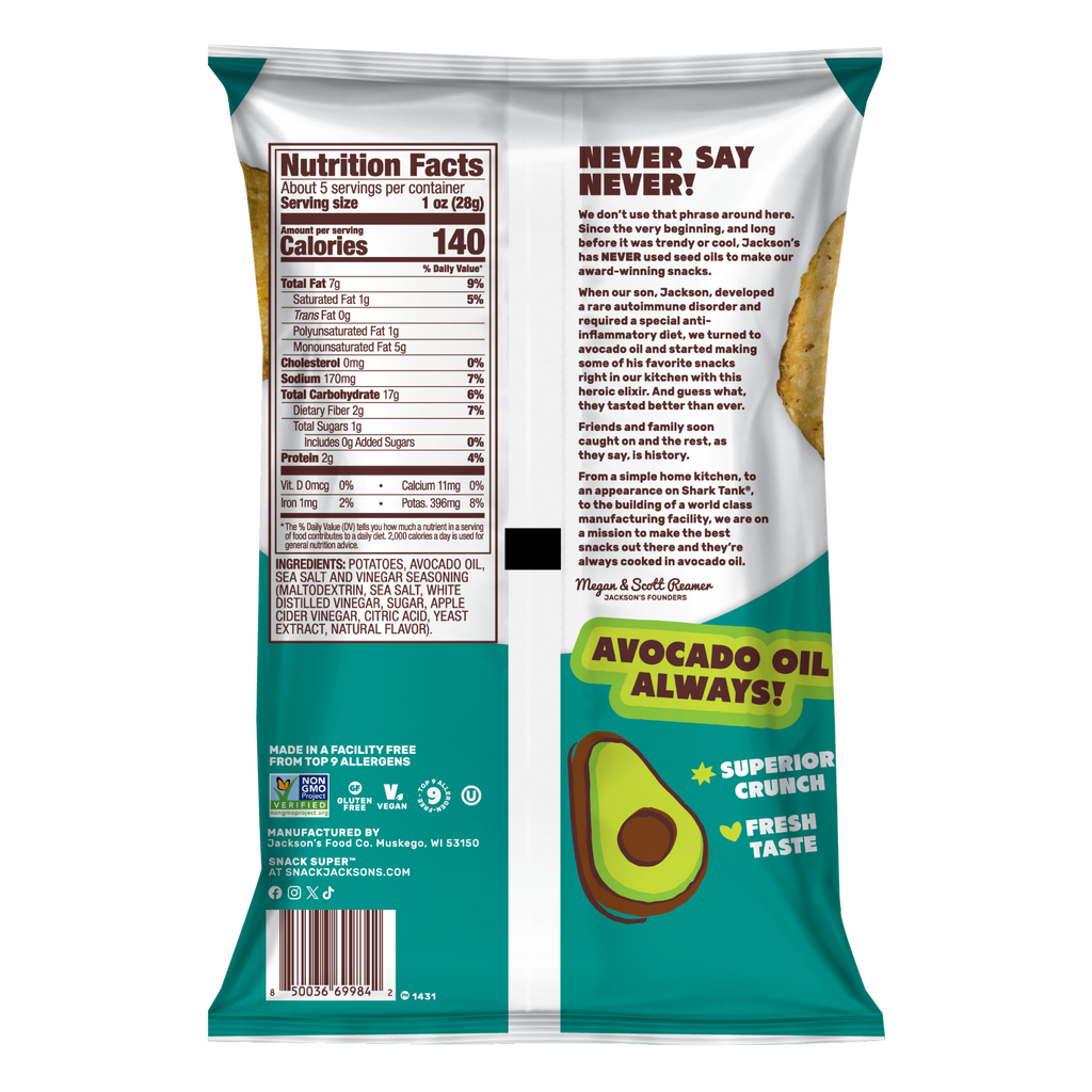 Sea Salt & Vinegar Kettle Cooked Potato Chips cooked in avocado oil. Gluten free, non-gmo, crunchy potato chips, better-for-you snacking. Tangy salt and vinegar chips.