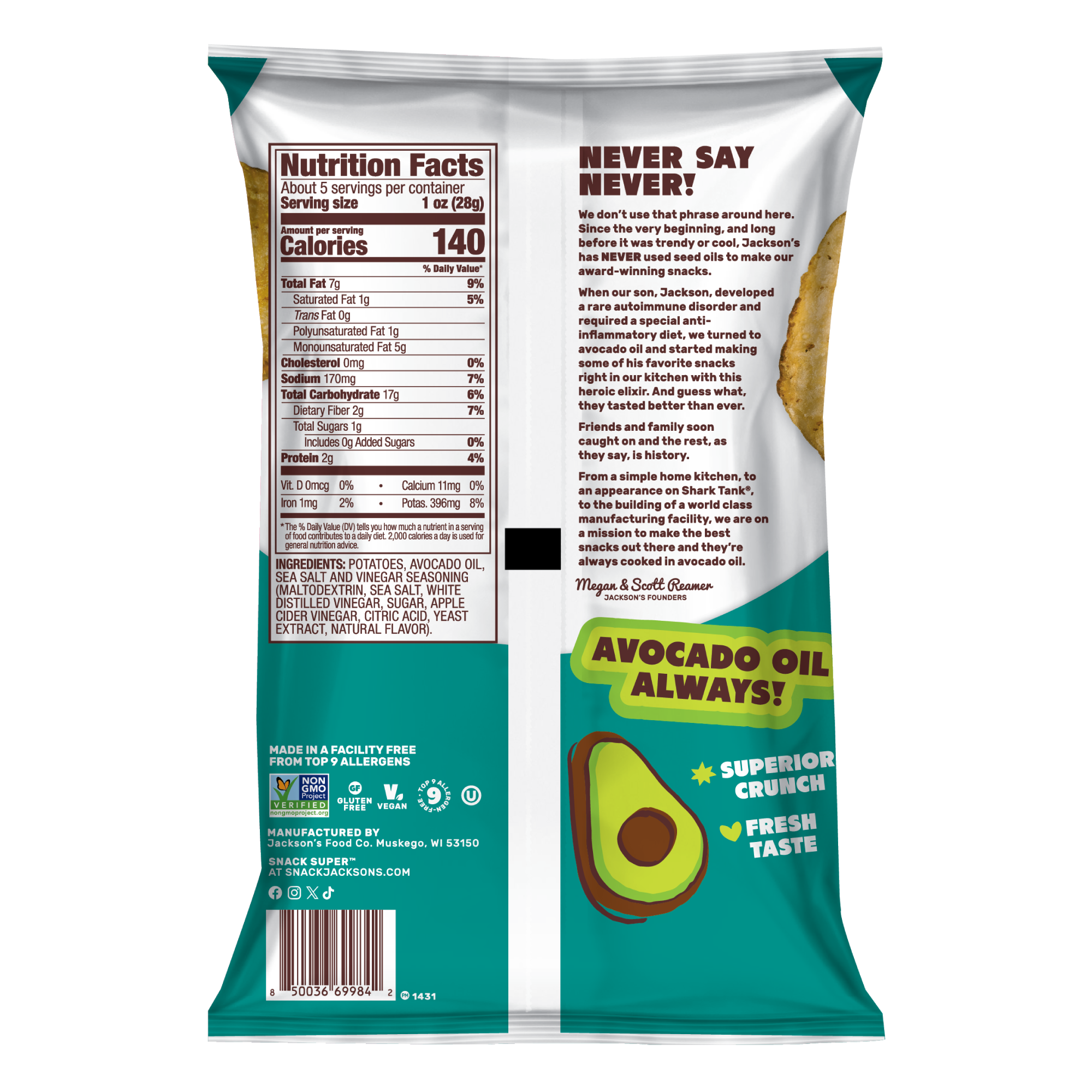 Sea Salt & Vinegar Kettle Cooked Potato Chips cooked in avocado oil. Gluten free, non-gmo, crunchy potato chips, better-for-you snacking. Tangy salt and vinegar chips.