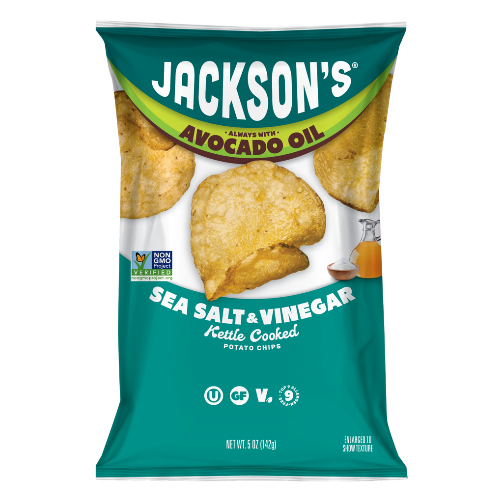 Sea Salt & Vinegar Kettle Cooked Potato Chips cooked in avocado oil. Gluten free, non-gmo, crunchy potato chips, better-for-you snacking. Tangy chips.