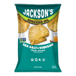 Sea Salt & Vinegar Kettle Cooked Potato Chips cooked in avocado oil. Gluten free, non-gmo, crunchy potato chips, better-for-you snacking. Tangy chips.
