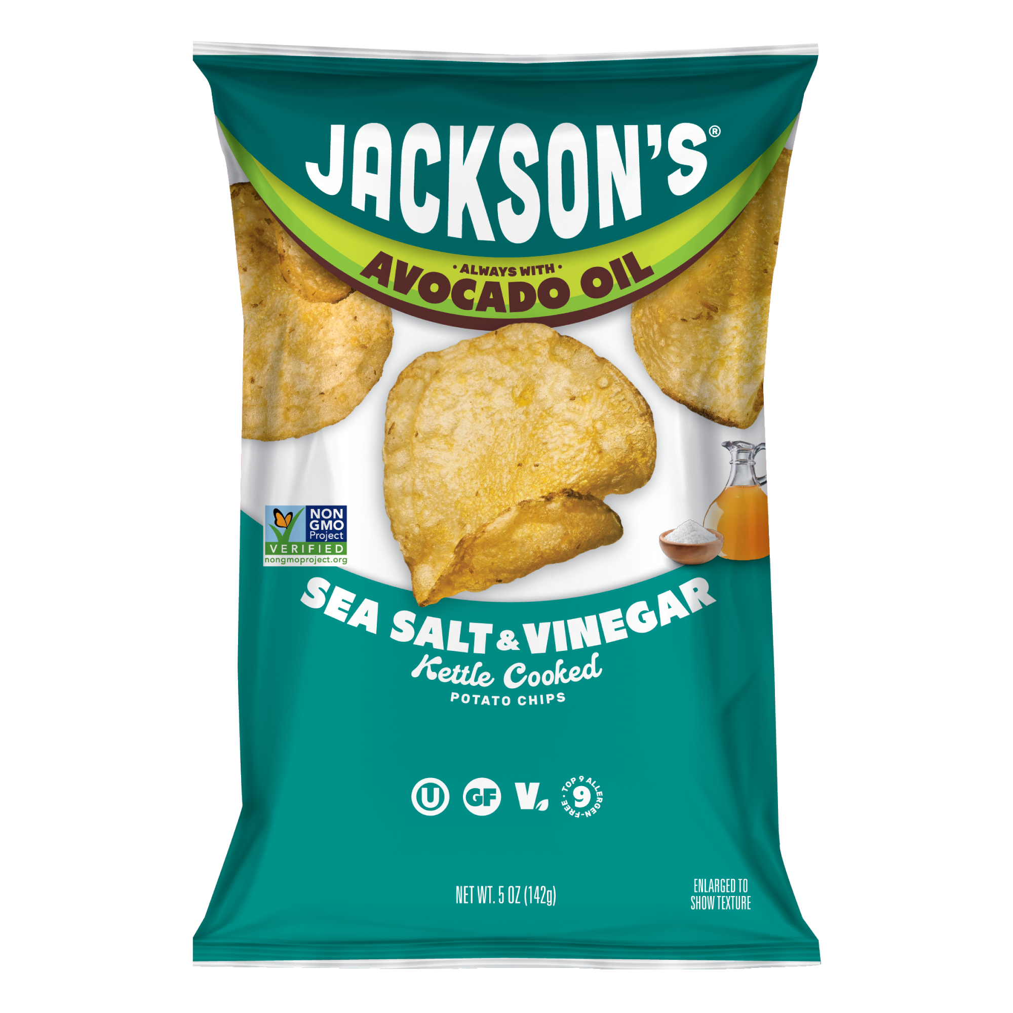 Sea Salt & Vinegar Kettle Cooked Potato Chips cooked in avocado oil. Gluten free, non-gmo, crunchy potato chips, better-for-you snacking. Tangy chips.