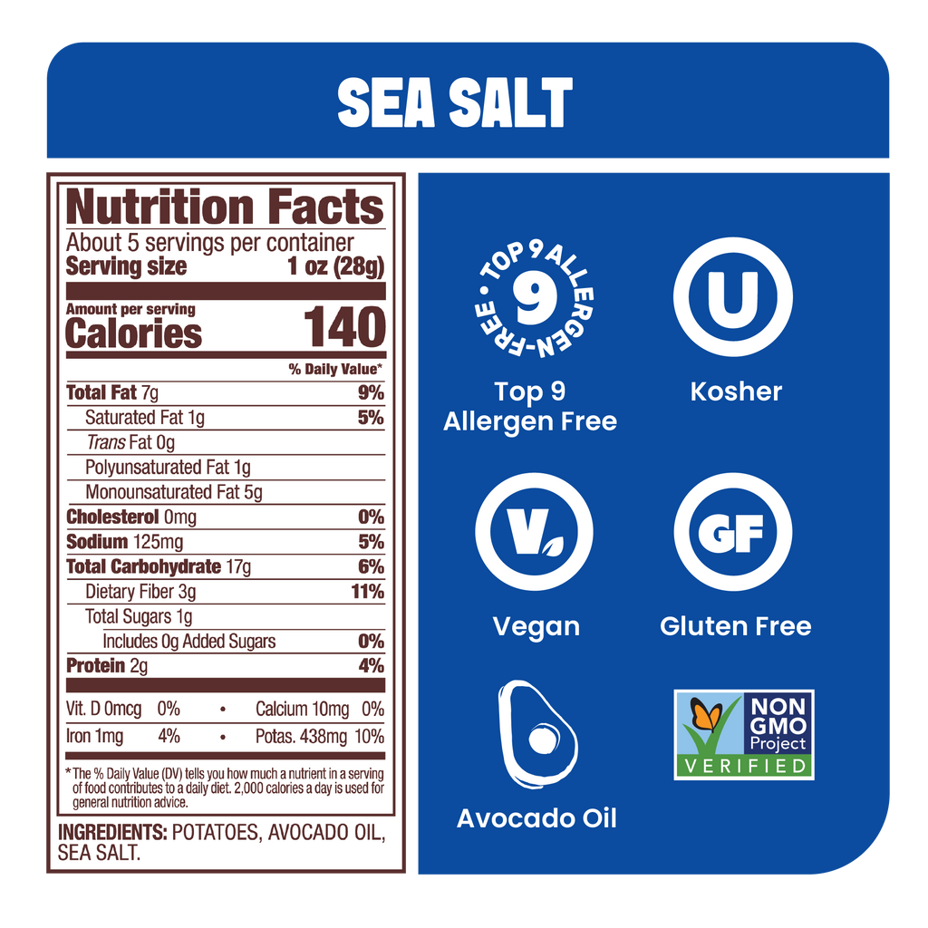 Nutrition label for Jackson's Classic Kettle Chips Sea Salt flavor, allergen free, vegan, gluten free, kosher, non-GMO potatoes, cooked in avocado oil 