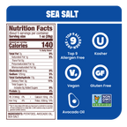Nutrition label for Jackson's Classic Kettle Chips Sea Salt flavor, allergen free, vegan, gluten free, kosher, non-GMO potatoes, cooked in avocado oil 