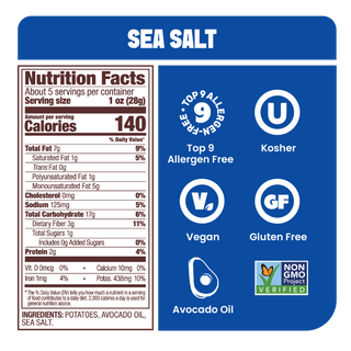 Nutrition label for Jackson's Classic Kettle Chips Sea Salt flavor, allergen free, vegan, gluten free, kosher, non-GMO potatoes, cooked in avocado oil 