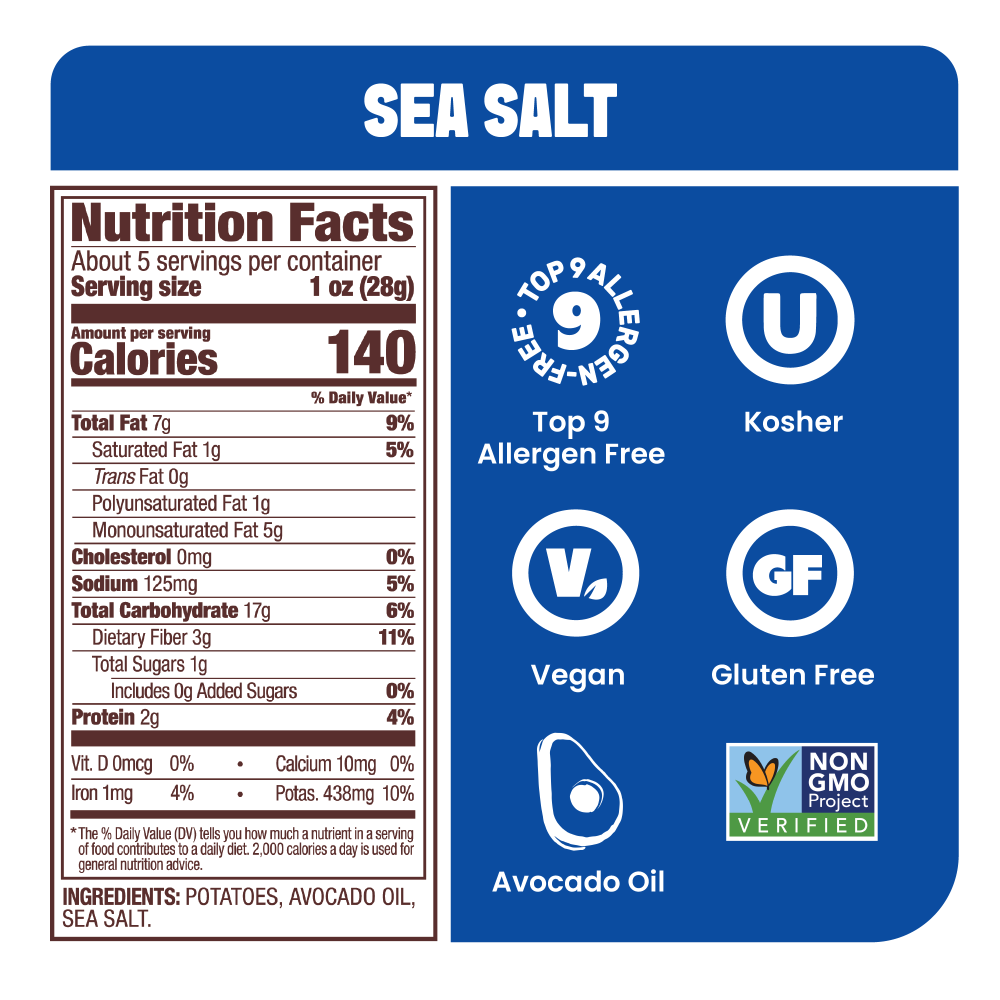 Nutrition label for Jackson's Classic Kettle Chips Sea Salt flavor, allergen free, vegan, gluten free, kosher, non-GMO potatoes, cooked in avocado oil 