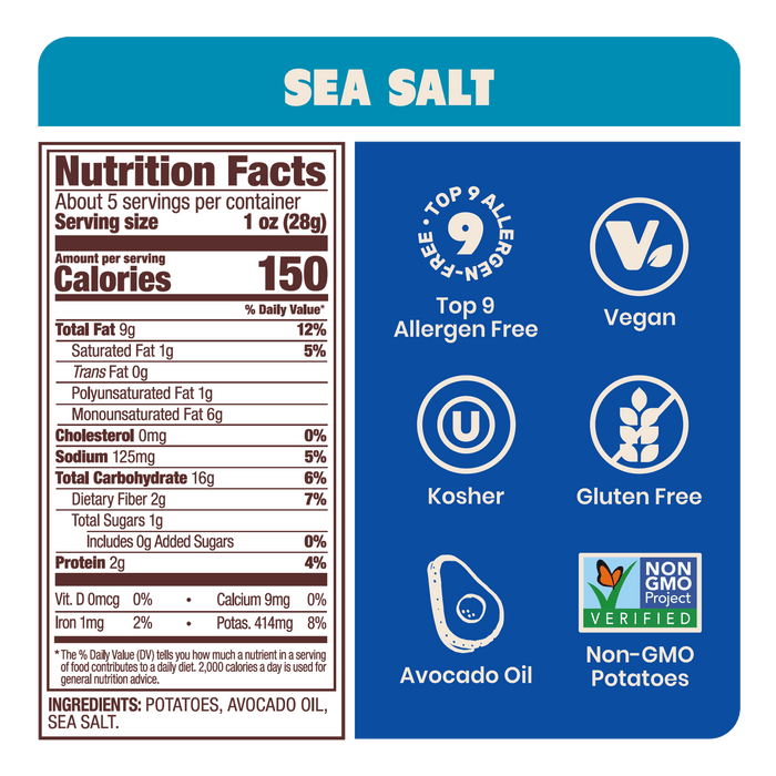 Nutrition label for Jackson's Classic Kettle Chips Sea Salt flavor, allergen free, vegan, gluten free, kosher, non-GMO potatoes, cooked in avocado oil 