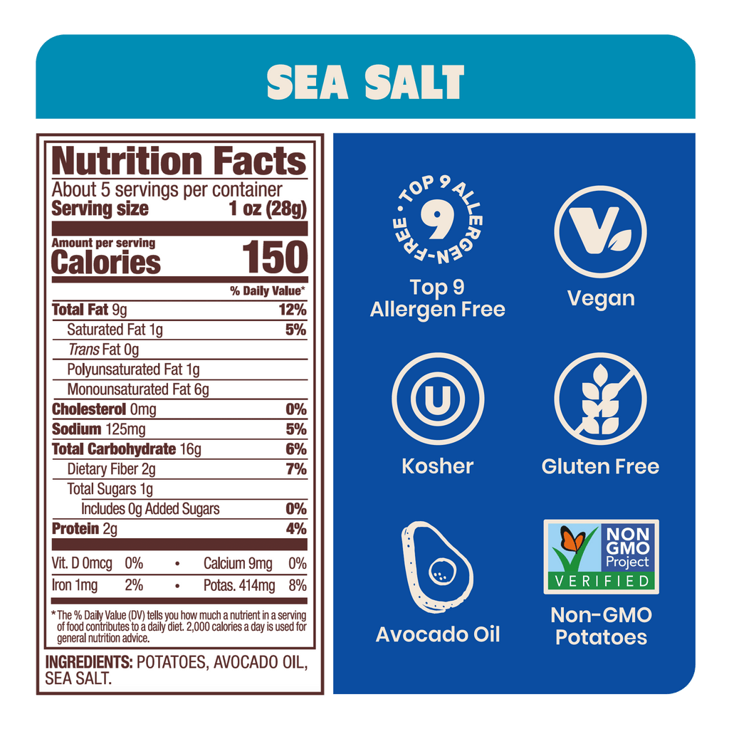 Jackson's Nutrition Label for Kettle Chips in Sea Salt Gluten-free, allergen friendly, seed-oil free, cooked in avocado oil.
