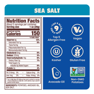 Jackson's Nutrition Label for Kettle Chips in Sea Salt Gluten-free, allergen friendly, seed-oil free, cooked in avocado oil.