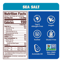 Load image into Gallery viewer, Jackson&#39;s Nutrition Label for Kettle Chips in Sea Salt Gluten-free, allergen friendly, seed-oil free, cooked in avocado oil.
