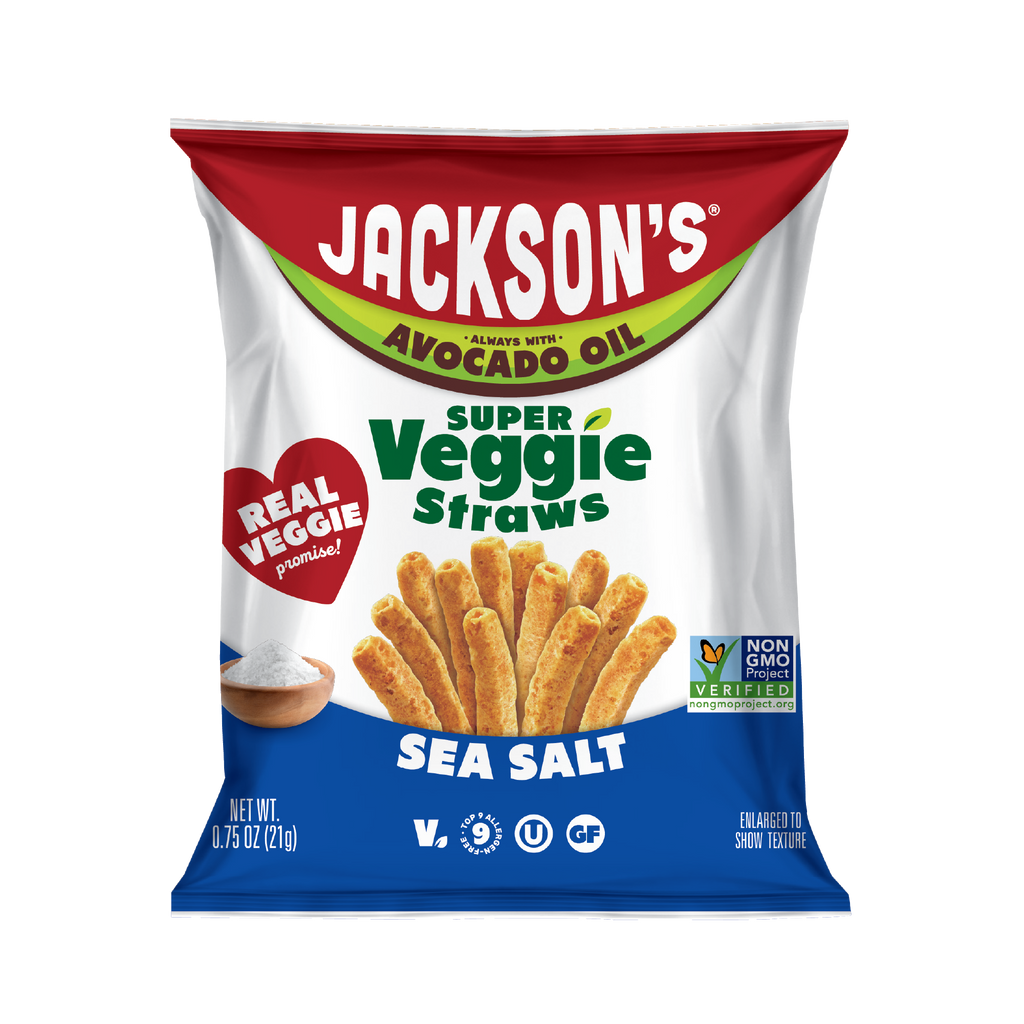 Jackson's Super Veggie Straws Sea Salt flavor veggie straws made with real veggies and cooked in avocado oil. Snack size bag 0.75oz. Perfect for kids.