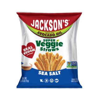 Jackson's Super Veggie Straws Sea Salt flavor veggie straws made with real veggies and cooked in avocado oil. Snack size bag 0.75oz. Perfect for kids.