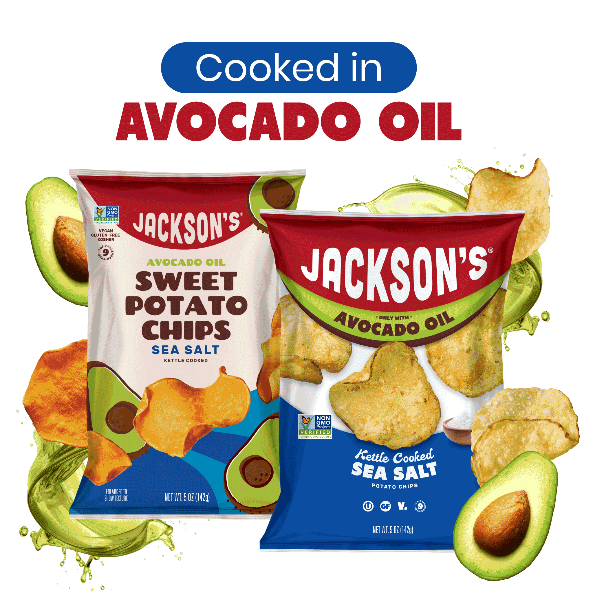 Jackson's Sweet Potato Chips and Kettle Chips in Sea Salt Variety Pack. Gluten-free, allergen friendly, seed-oil free, cooked in avocado oil.