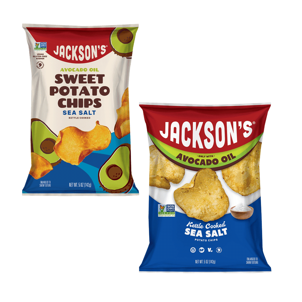 Jackson's Sweet Potato Chips and Kettle Chips in Sea Salt Variety Pack. Gluten-free, allergen friendly, seed-oil free, cooked in avocado oil.