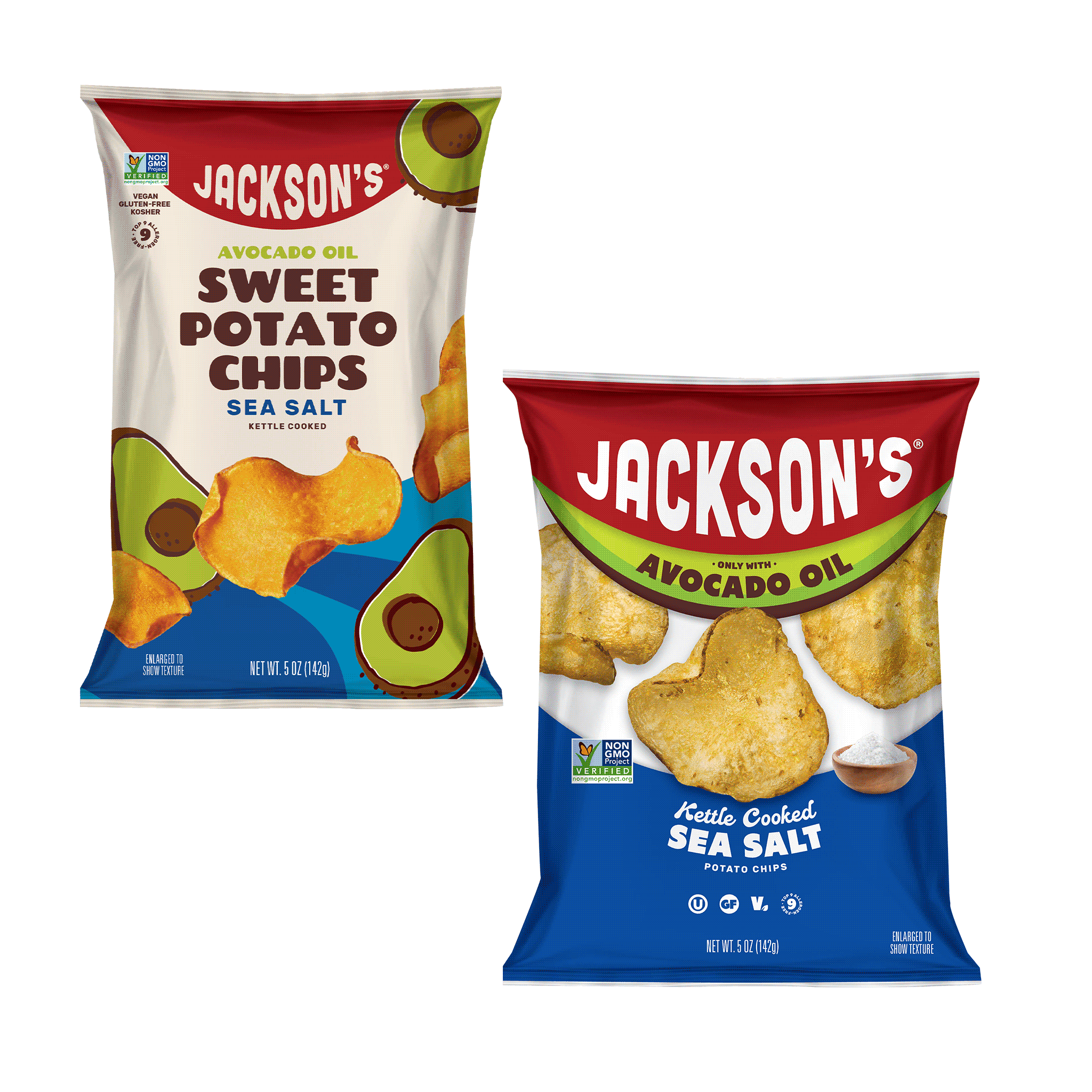 Jackson's Sweet Potato Chips and Kettle Chips in Sea Salt Variety Pack. Gluten-free, allergen friendly, seed-oil free, cooked in avocado oil.