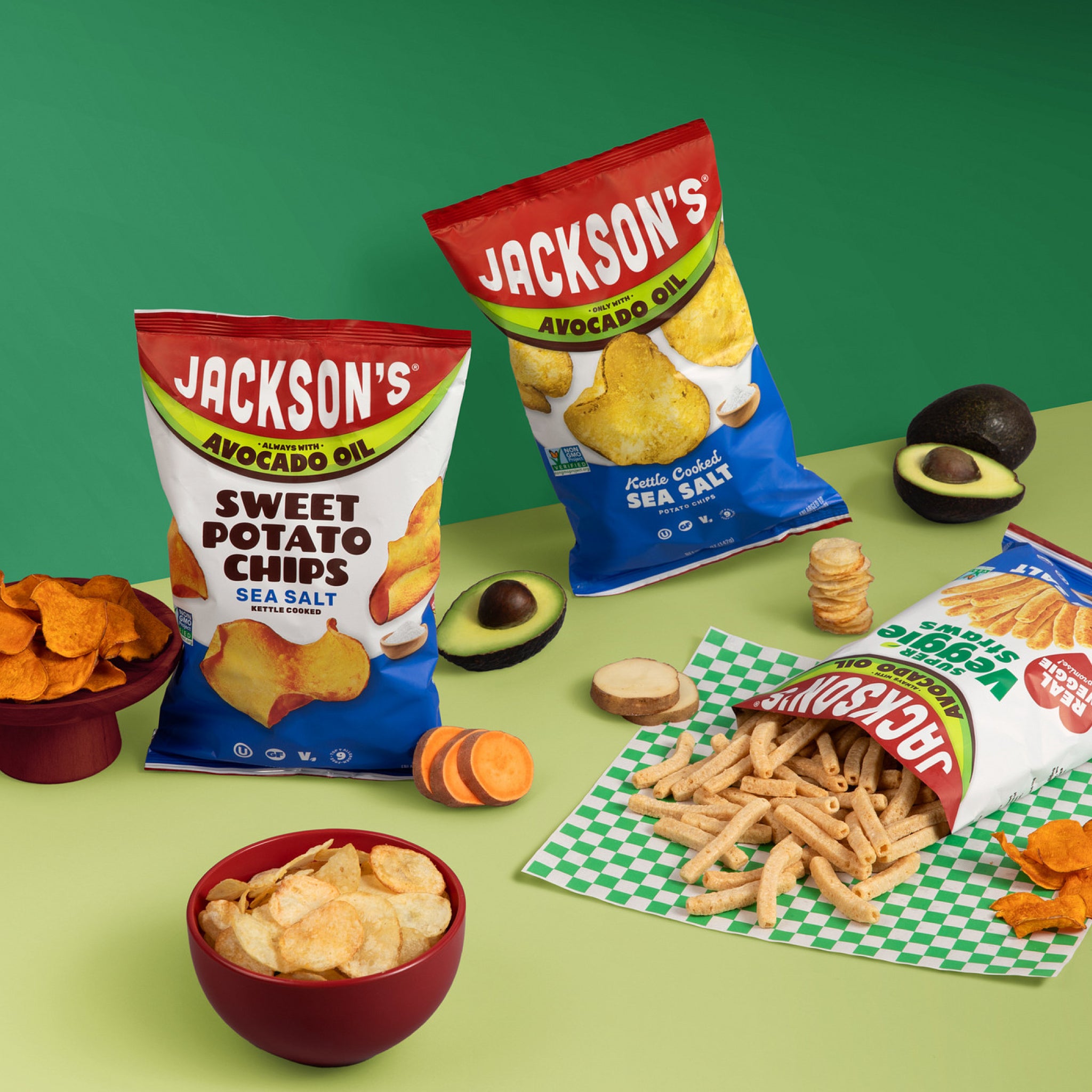 Jackson's Sea Salt Variety Pack Snacks Cooked in Avocado Oil, Made with real food ingredients, and seasoning.