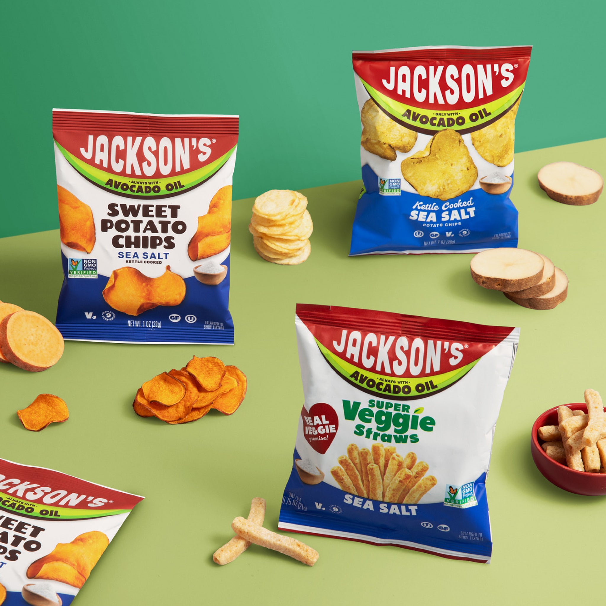 Jackson's Sea Salt Variety Pack snack bags made with avocado oil and real food ingredients
