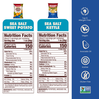 Nutrition label for Jackson's Classic Kettle Chips and Sweet Potato Sea Salt flavor for 5oz snack size bags, allergen free, vegan, gluten free, kosher, non-GMO potatoes, cooked in avocado oil 