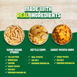 Jackson's Sea Salt Variety Pack Snacks, made with real ingredients, sweet potato chips, kettle chips and super veggie straws. All cooked in avocado oil. Glute free, dairy free, vegan, free of top 9 allergens. All Sea Salt flavors.
