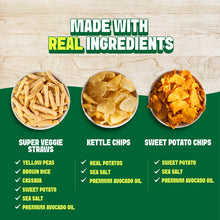 Load image into Gallery viewer, Jackson's Sea Salt Variety Pack Snacks, made with real ingredients, sweet potato chips, kettle chips and super veggie straws. All cooked in avocado oil. Glute free, dairy free, vegan, free of top 9 allergens. All Sea Salt flavors.
