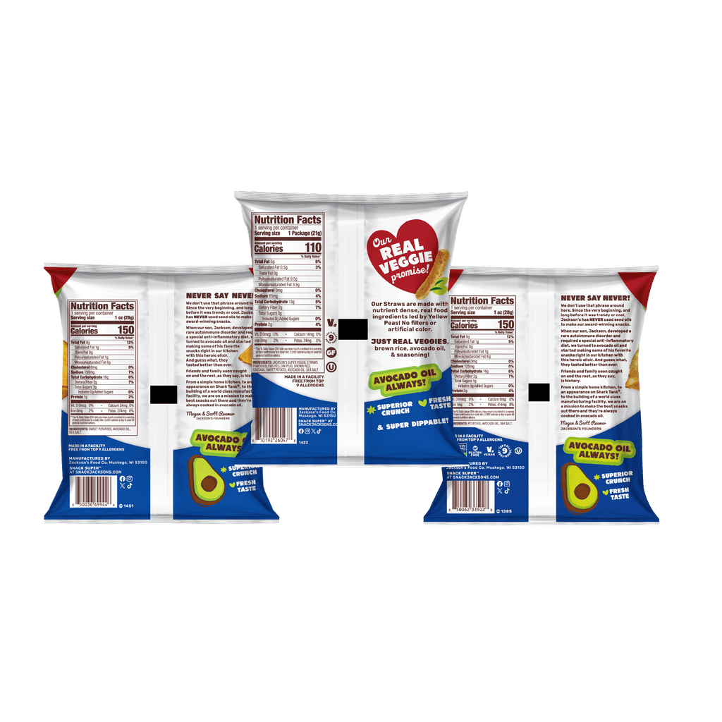 Jackson's Sea Salt Variety Pack Snacks, snack size bags, sweet potato chips, kettle chips and super veggie straws. All cooked in avocado oil. Glute free, dairy free, vegan, free of top 9 allergens. All Sea Salt flavors. Back of bags.
