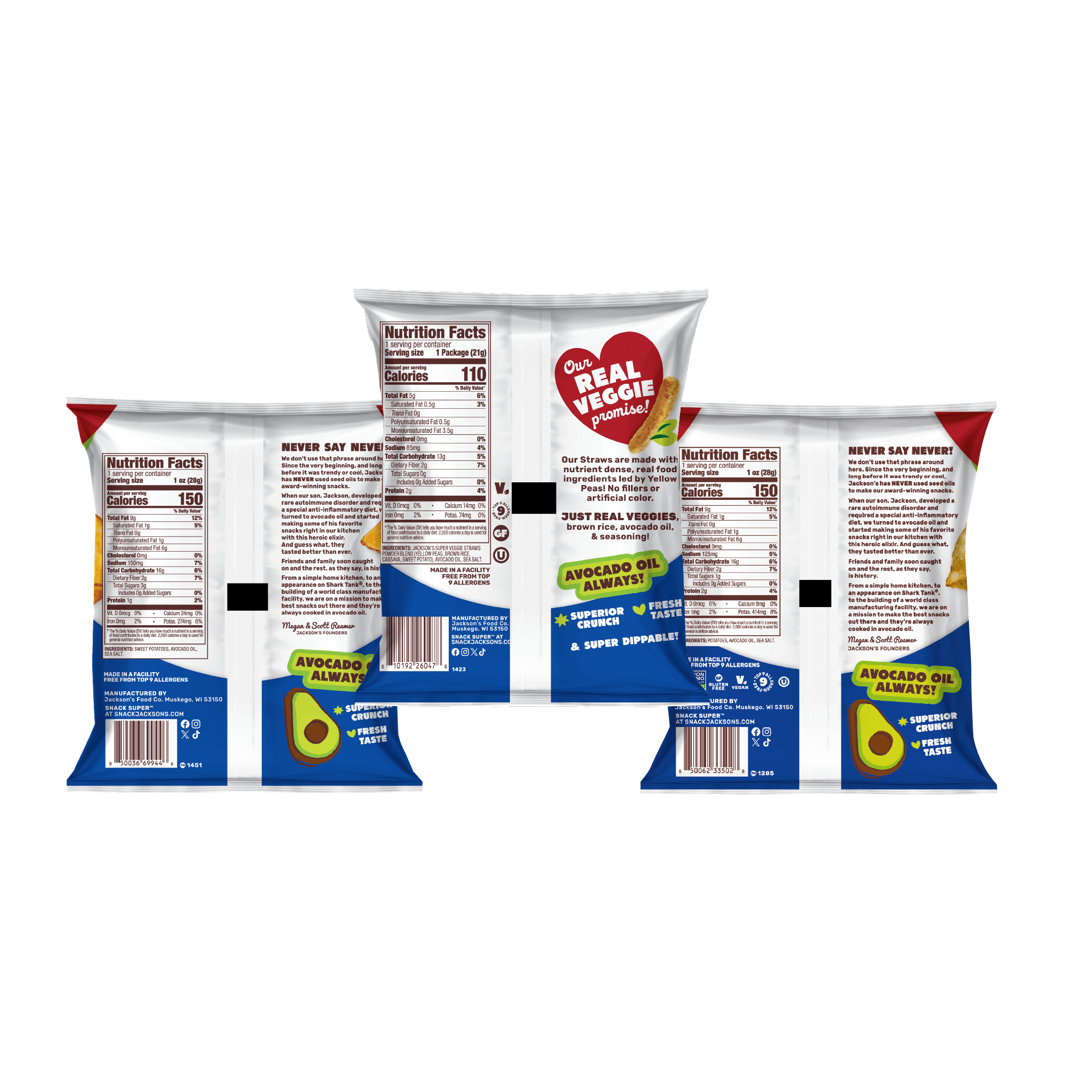 Jackson's Sea Salt Variety Pack Snacks, snack size bags, sweet potato chips, kettle chips and super veggie straws. All cooked in avocado oil. Glute free, dairy free, vegan, free of top 9 allergens. All Sea Salt flavors. Back of bags.