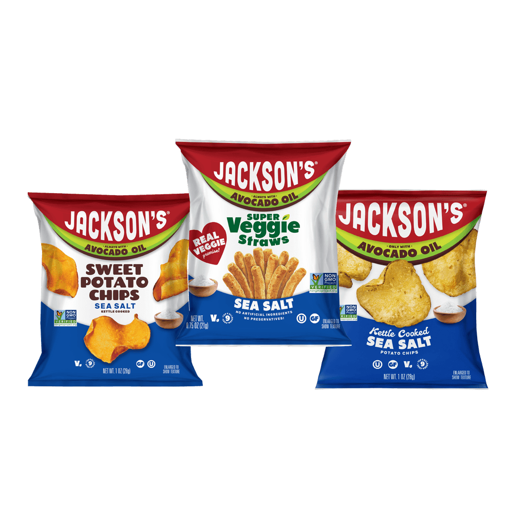 Jackson's Sea Salt Variety Pack Snacks, snack size bags, sweet potato chips, kettle chips and super veggie straws. All cooked in avocado oil. Glute free, dairy free, vegan, free of top 9 allergens. All Sea Salt flavors.