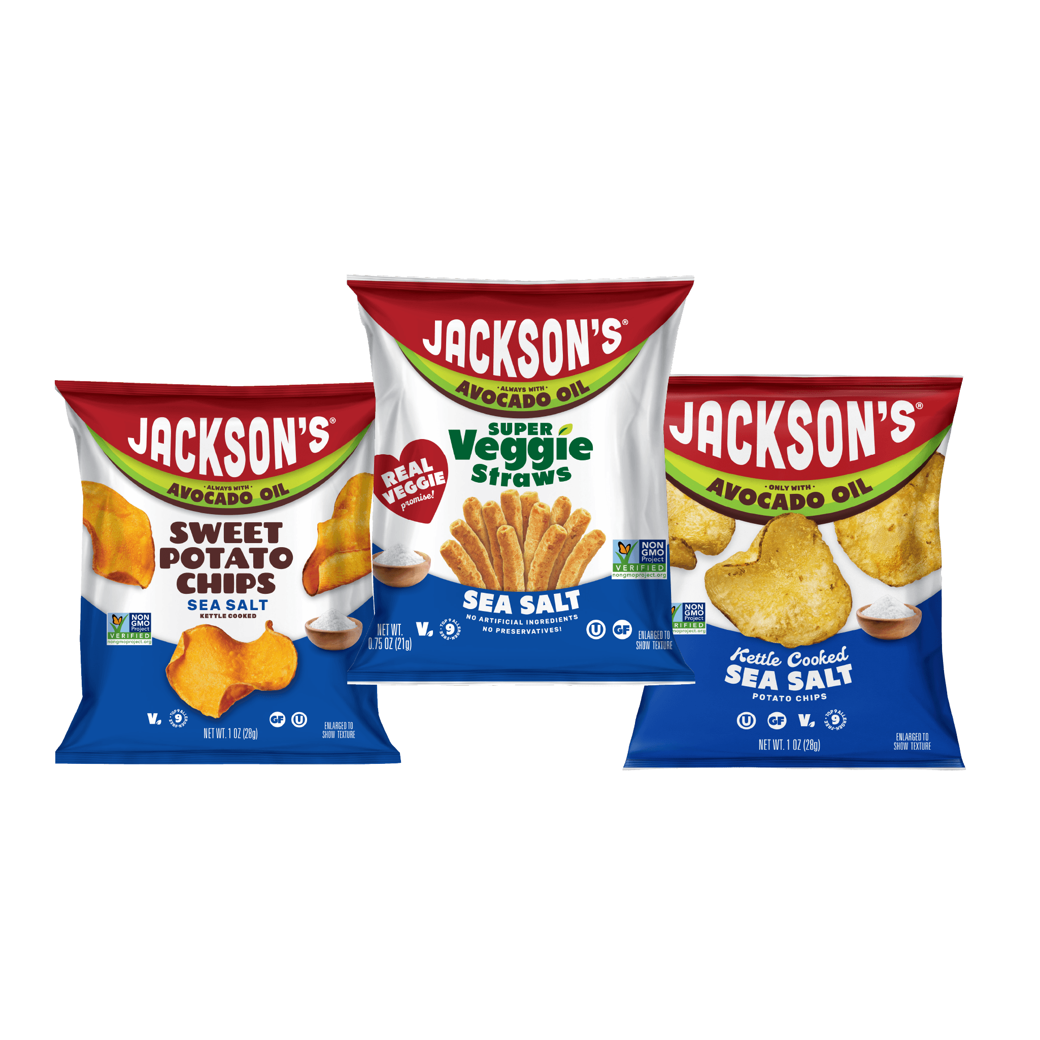 Jackson's Sea Salt Variety Pack Snacks, snack size bags, sweet potato chips, kettle chips and super veggie straws. All cooked in avocado oil. Glute free, dairy free, vegan, free of top 9 allergens. All Sea Salt flavors.
