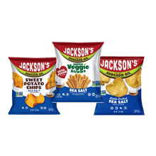 Load image into Gallery viewer, Jackson's Sea Salt Variety Pack Snacks, snack size bags, sweet potato chips, kettle chips and super veggie straws. All cooked in avocado oil. Glute free, dairy free, vegan, free of top 9 allergens. All Sea Salt flavors.
