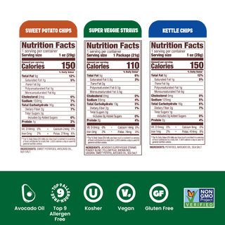 Jackson's Sea Salt Variety Pack Snacks, snack size bags, nutrition label, sweet potato chips, kettle chips and super veggie straws. All cooked in avocado oil. Glute free, dairy free, vegan, free of top 9 allergens. All Sea Salt flavors.