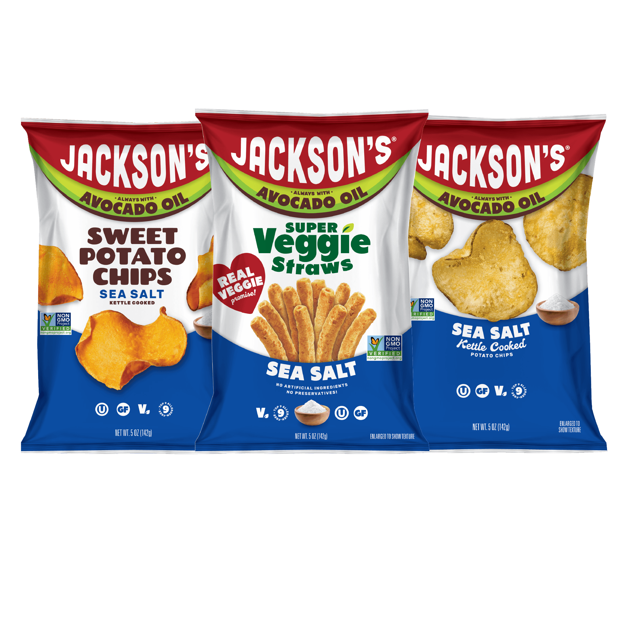 Jackson's Sea Salt Variety Pack Snacks 5oz bags, all cooked in avocado oil. Sweet Potato Chips, Kettle Chips, and Super Veggie Straws.