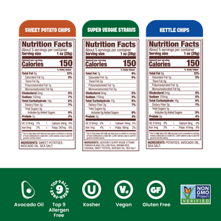 Jackson's Sea Salt Variety Pack Snacks 5oz bags, all cooked in avocado oil. Sweet Potato Chips, Kettle Chips, and Super Veggie Straws. Nutrition Label. Glute Free, Vegan