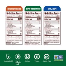 Load image into Gallery viewer, Jackson's Sea Salt Variety Pack Snacks 5oz bags, all cooked in avocado oil. Sweet Potato Chips, Kettle Chips, and Super Veggie Straws. Nutrition Label. Glute Free, Vegan
