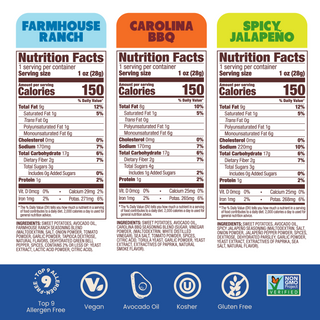 Jackson's Sweet Potato Chips cooked in avocado oil. Nutrition Labels of Farmhouse Ranch, Carolina BBQ, Spicy Jalapeno.