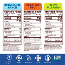 Load image into Gallery viewer, Jackson&#39;s Sweet Potato Chips cooked in avocado oil. Nutrition Labels of Farmhouse Ranch, Carolina BBQ, Spicy Jalapeno.
