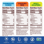 Jackson's Sweet Potato Chips cooked in avocado oil. Nutrition Labels of Farmhouse Ranch, Carolina BBQ, Spicy Jalapeno.