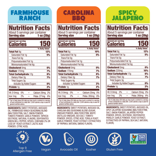 Jackson's Sweet Potato Chips cooked in avocado oil. Nutrition Labels of Farmhouse Ranch, Carolina BBQ, Spicy Jalapeno.