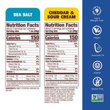 Load image into Gallery viewer, Nutrition Label Wavy Sea Salt Sweet and Cheddar &amp; Sour Cream Potato Chips in Avocado Oil 5oz - 8 Bags
