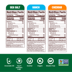 Jacksons Variety Pack Super Veggie Straws Nutrition Label for 0.75oz Snack Size Bags. Gluten-free, vegan, cooked in avocado oil, non-gmo, free of the top 9 allergens.