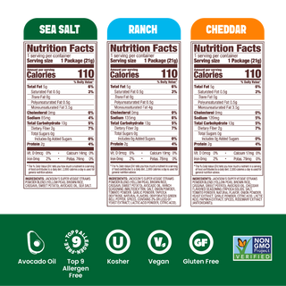 Jacksons Variety Pack Super Veggie Straws Nutrition Label for 0.75oz Snack Size Bags. Gluten-free, vegan, cooked in avocado oil, non-gmo, free of the top 9 allergens.