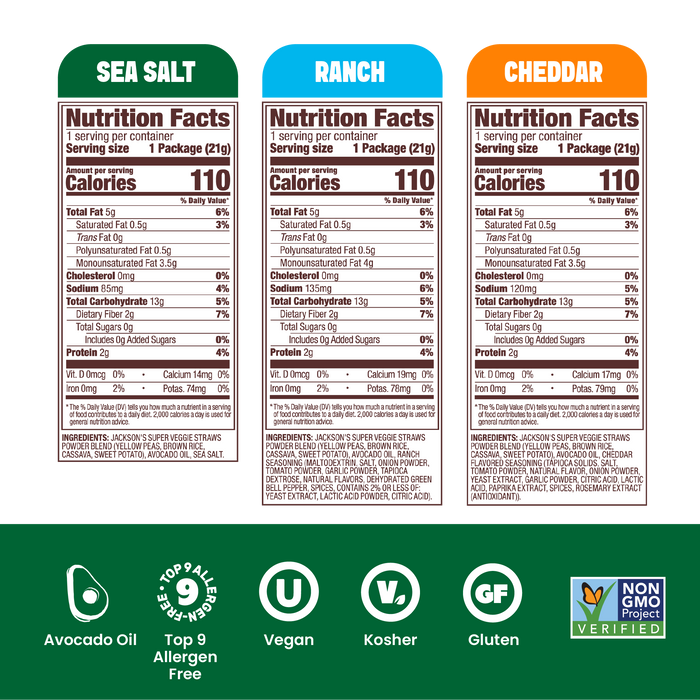 Jacksons Variety Pack Super Veggie Straws Nutrition Label for 0.75oz Snack Size Bags. Gluten-free, vegan, cooked in avocado oil, non-gmo, free of the top 9 allergens.