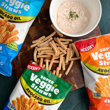 Load image into Gallery viewer, Jackson&#39;s Super Veggie Straws with a bowl of dip on a wooden surface
