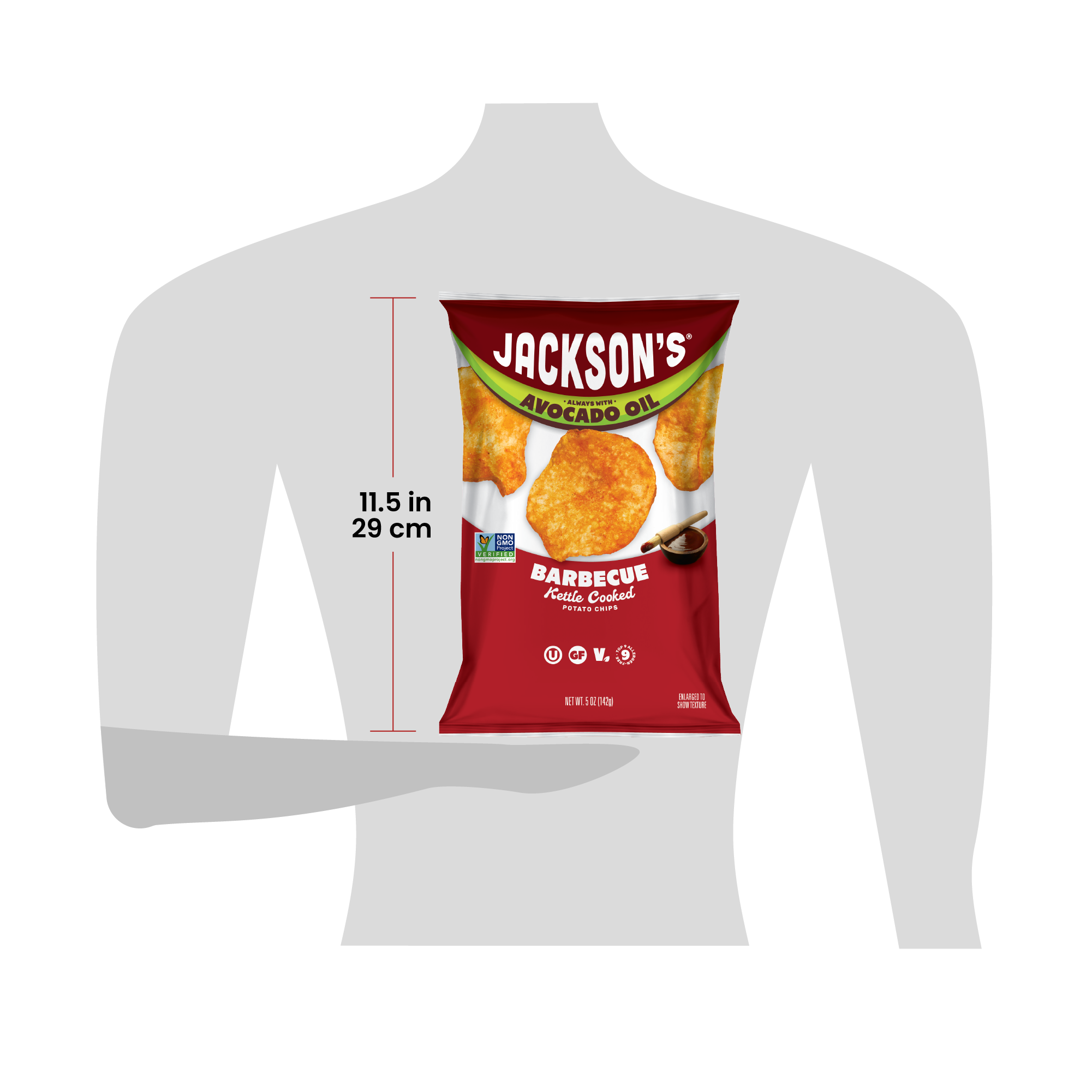 Size for scale of a 5oz bag of Jackson's 11.5in tall