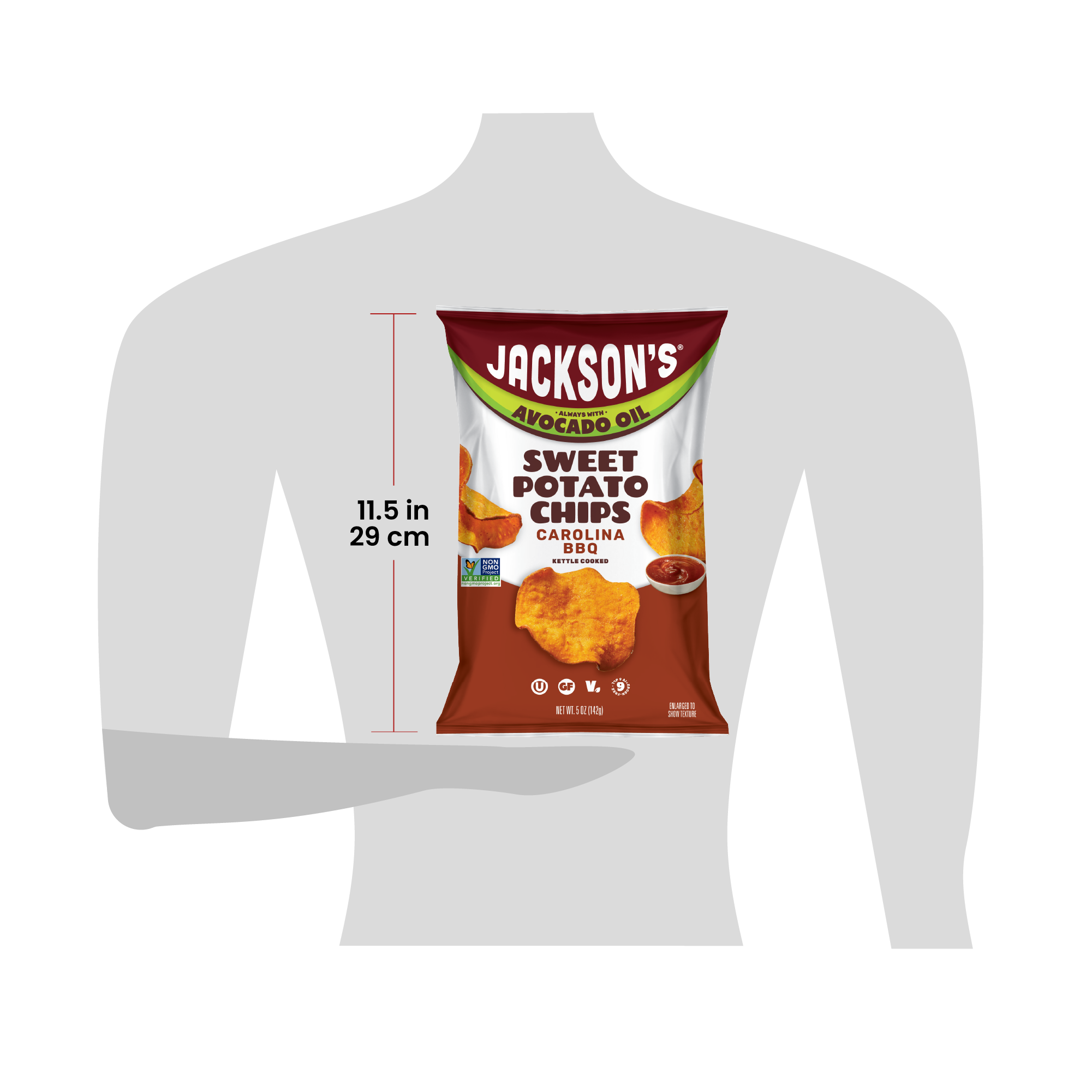 Size for scale of a 5oz bag of Jackson's 11.5in tall